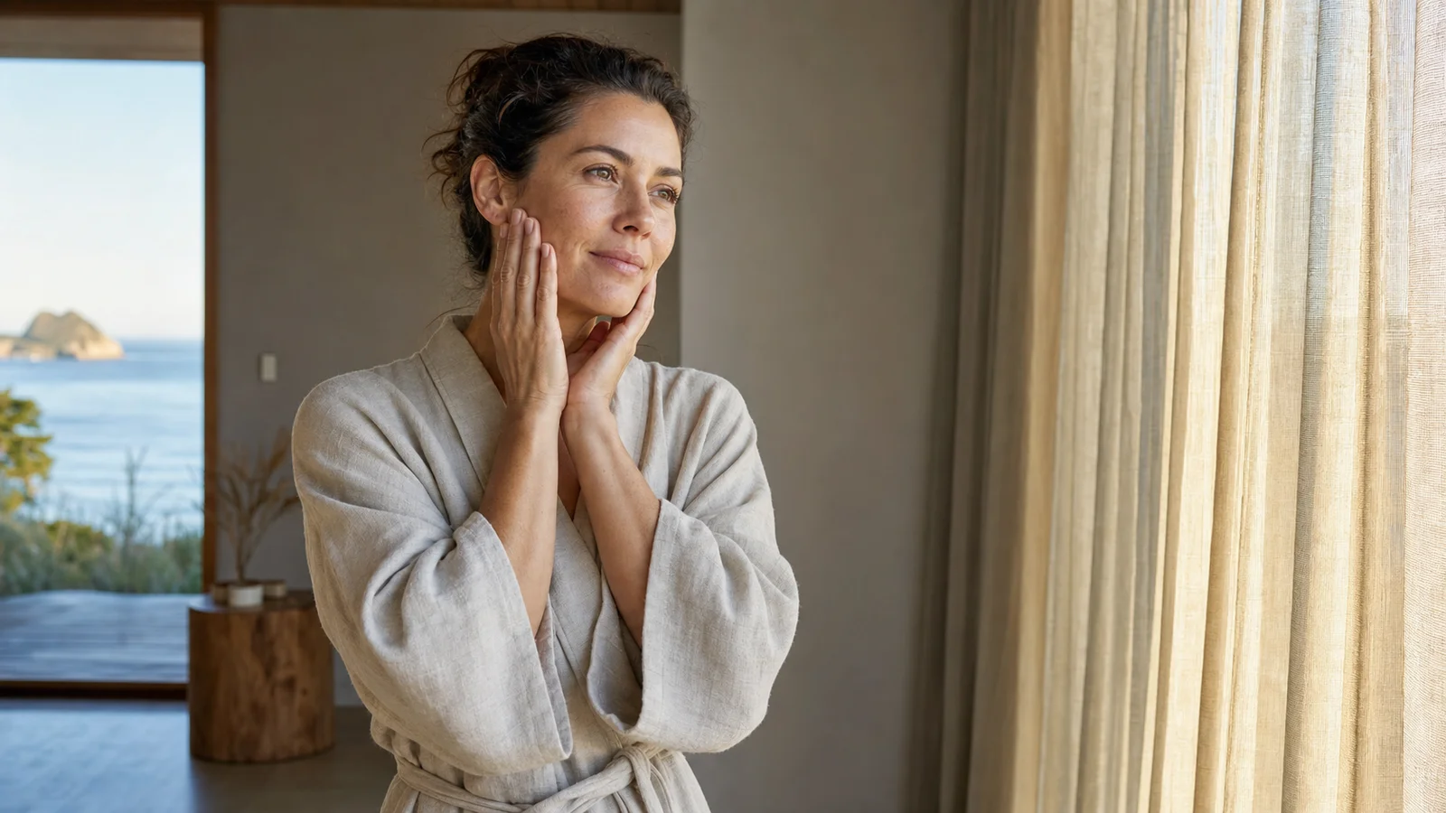 Gentle exfoliator for sensitive skin NZ: calm morning light in a coastal New Zealand home